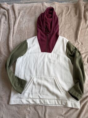 L.L. Bean White Fleece Hoodie with Olive Sleeves and Burgundy Hood